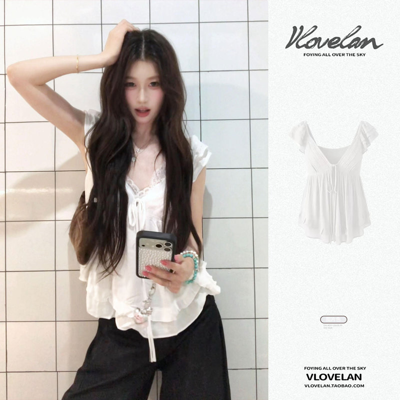 French-Style Pure and Alluring White V-Neck Lace Blouse with Small Flutter Sleeves for Women, Summer 2026 New Design, Age-Reducing Top French-Style Pure and Alluring White V-Neck Lace Blouse with Small Flutter Sleeves for Women, Summer 2026 New Design, Age-Reducing Top