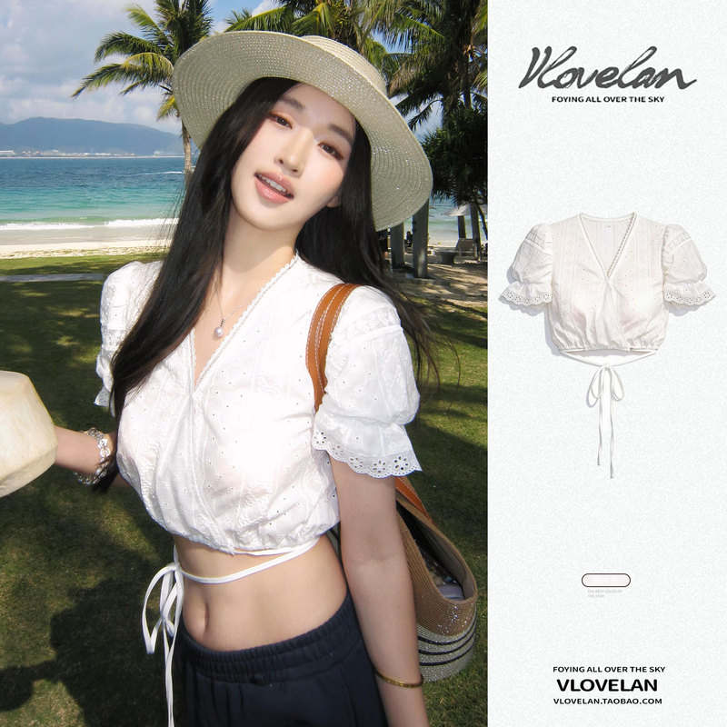 White Lace Strap Tank Top for Women, New Summer Vacation Style, Unique and Delicate V-Neck Puff Sleeve Short Top ins