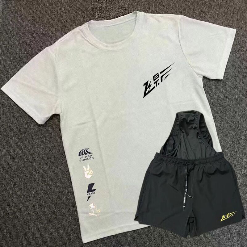 Feiying Outdoor Running Sports Quick-Drying Breathable Summer Short-Sleeved Professional Marathon Half-Sleeved Double-Layer Shorts Two-Piece Set