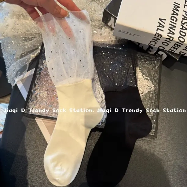 Japanese-Style Mesh Splicing Luxurious Rhinestone Starry Socks for Women, Mid-Calf Lace Sweet Lace Ruffle Socks