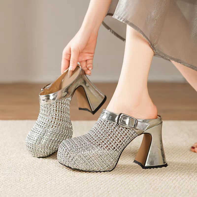12cm Silver Fashionable Thick-Soled Closed-Toe Slippers, New Summer Round-Toe Waterproof Platform Chunky Heel Slip-On Ultra-High Heel Slippers