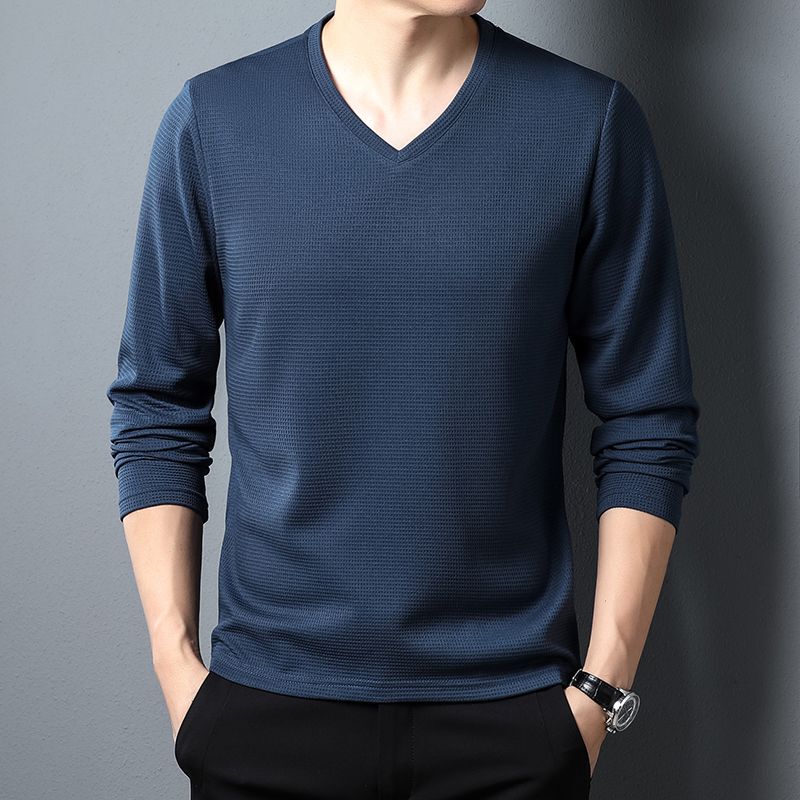 Middle-Aged Men's Long-Sleeved T-Shirt with a V-Neck, Spring and Autumn Thin Style, Loose Fit, Large Size, Solid Color Base Shirt, Stylish for Men