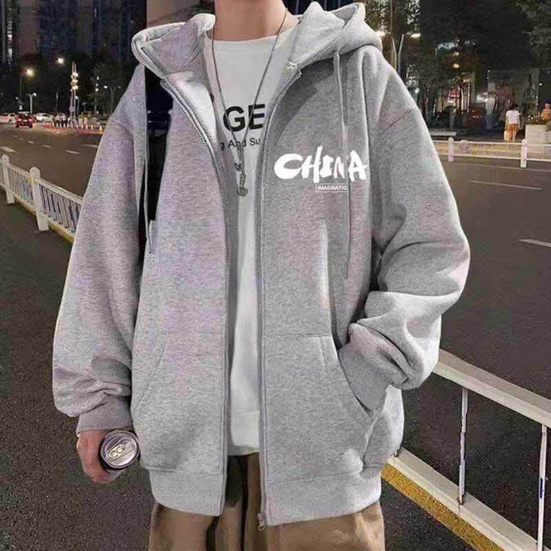 Autumn and winter Hong Kong style sweatshirt men's hooded cardigan Korean version trend student plus fleece loose casual top sports jacket