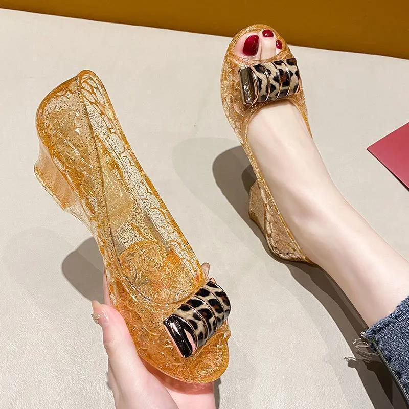 Crystal Jelly New Style High-Heeled Outdoor Wedge Sandals, Washable, Comfortable, Versatile Women's Shoes, Peep-Toe Hollow Thick-Soled Trendy Sandals