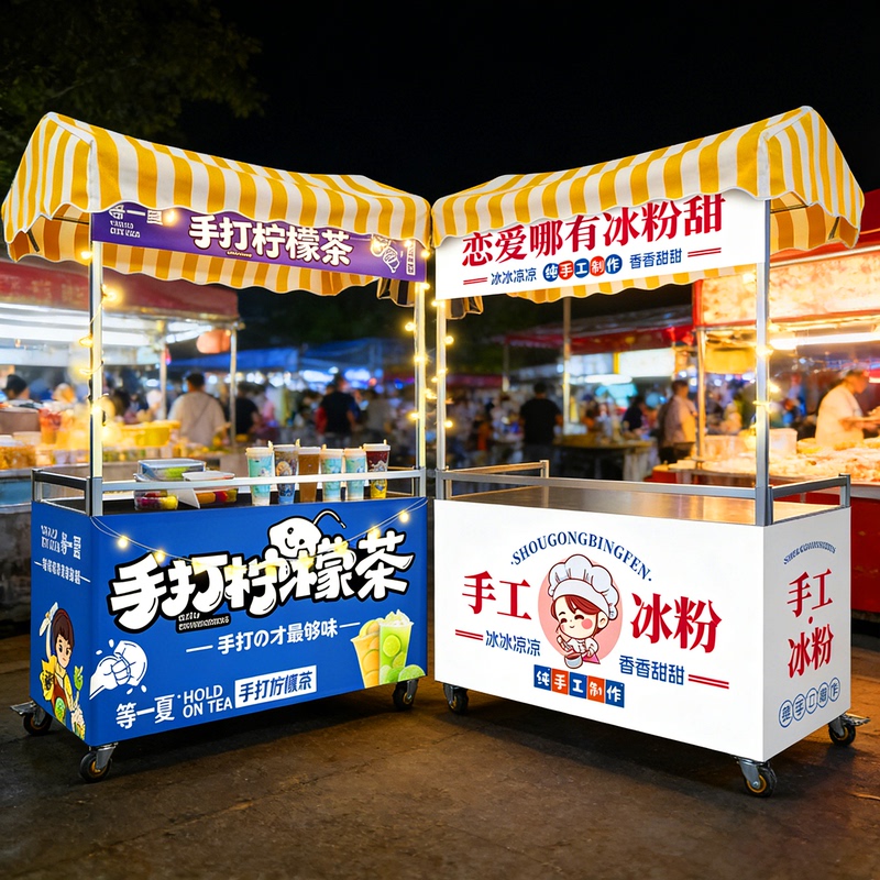 Folding Cart with Table for Night Market, Outdoor Mobile Stall, Dedicated for Selling Ice Jelly, Lemon Tea, and Snacks