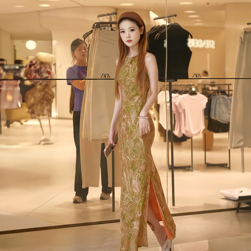Xiangyun Silk Retro Print New Chinese Style Sleeveless Slit Dress, This Year's Popular Elegant Waist-Cinching Slimming Long Dress for Summer