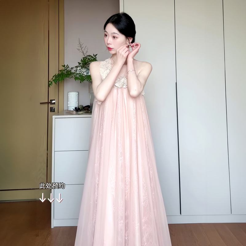 Light Luxury Mesh Sleeveless Lazy Style Pink Dress 2026 Summer New Long Dress Women's Clothing