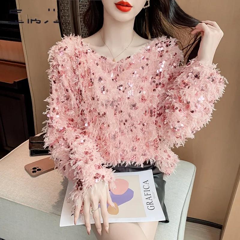 Fashionable and Elegant Sequin Feather Tassel Top for Women, Winter 2026 New Niche Style Sweater Base Layer