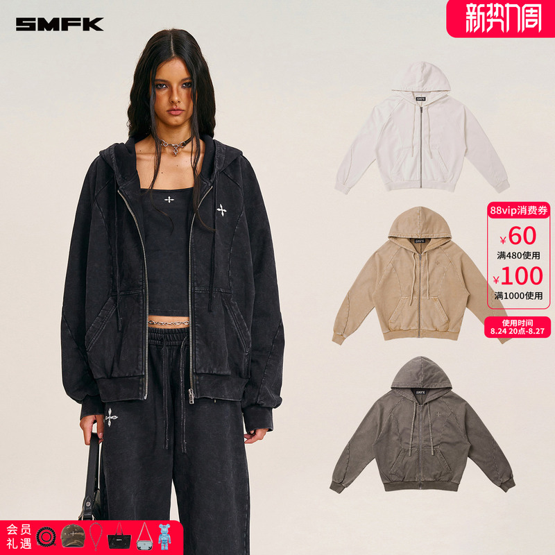 Smfk Wild Retro Wide-Body Sports Zipper Hoodie Chv01B/W/S/K Washed and Distressed Pure Cotton Hooded Jacket Smfk Wild Retro Wide-Body Sports Zipper Hoodie Chv01B/W/S/K Washed and Distressed Pure Cotton Hooded Jacket