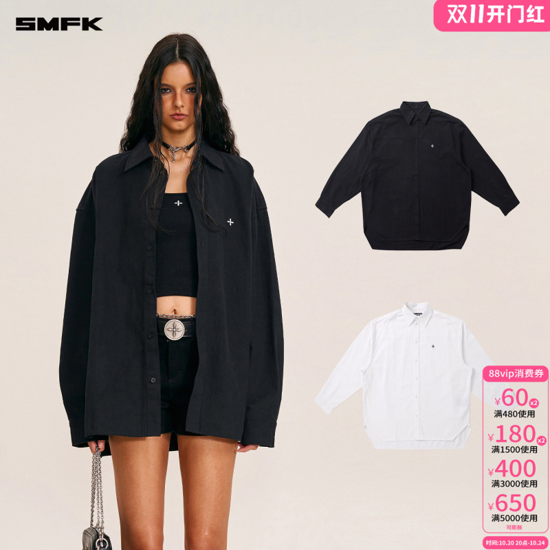 Smfk Cross Giant Shirt Cp004B1/W1 Embroidered Solid Color Oversized Work Shirt Unisex Smfk Cross Giant Shirt Cp004B1/W1 Embroidered Solid Color Oversized Work Shirt Unisex