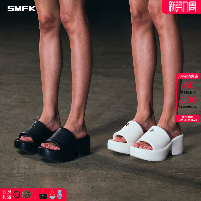 Smfk Smooth Leather High-Heeled Slippers Sl007B/7W Black and White Cowhide Thick-Soled Flip-Flops [Slippers Collection]