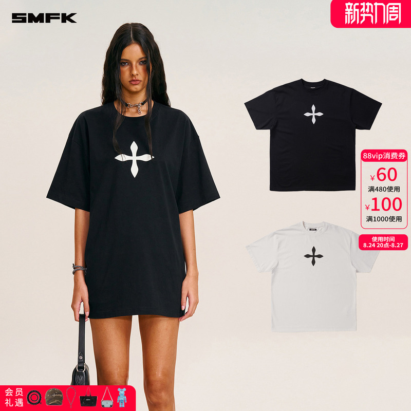Smfk Retro Cross Statue Wide-Body Tee Ctv01B/W Cross Flower Loose Fit Cotton Short-Sleeve T-Shirt