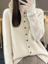 Front line ready-to-wear 100% pure wool knit with cap cardiovert lady long sleeve sweater jacket loose wool sweater blouse