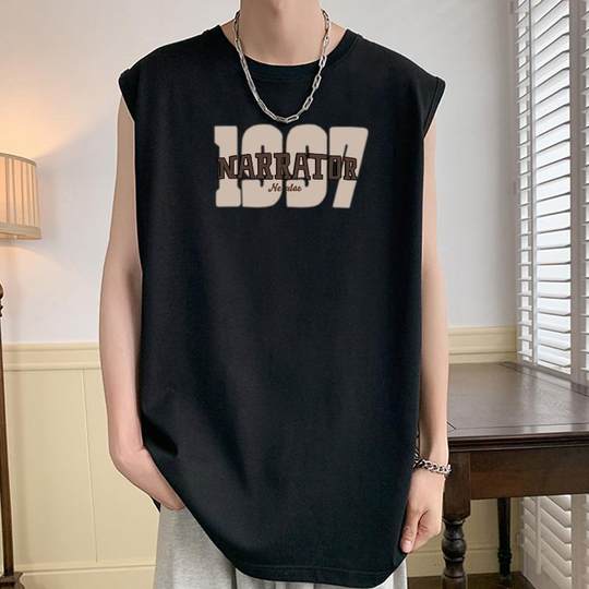 Sleeveless Vest for Men, Summer Trendy Brand, Loose Sports Base Layer, Trendy Fitness Tank Top, Pure Cotton Short-Sleeve T-Shirt