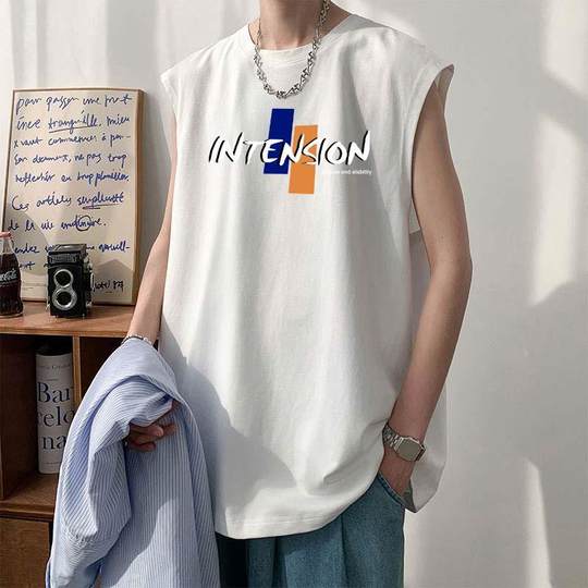 Sleeveless Vest for Men, Summer Trendy Brand, Loose Sports Base Layer, Trendy Fitness Tank Top, Pure Cotton Short-Sleeve T-Shirt