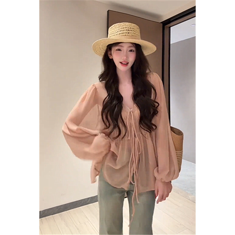 Korean Sweet Style V Neck Pleated Lace-Up Long-Sleeved Shirt for Women, Summer Design, Loose, Slimming, Versatile Sun Protection Shirt