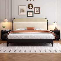 Solid wood rattan bed black simple modern double bed home bedroom Nordic solid wood bed Japanese retro wabi-sabi style