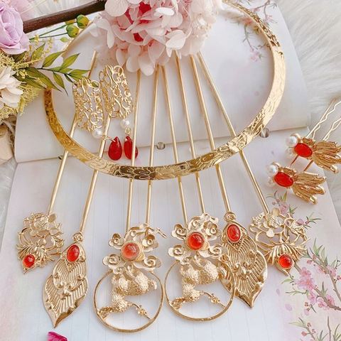 Tang Fengdun brilliantly led the decorative costume headdresser gold ring carved flower leaves ancient hairpin hairpin fabric hairpin set