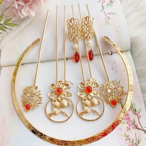 Tang Fengdun brilliantly led the decorative costume headdresser gold ring carved flower leaves ancient hairpin hairpin fabric hairpin set