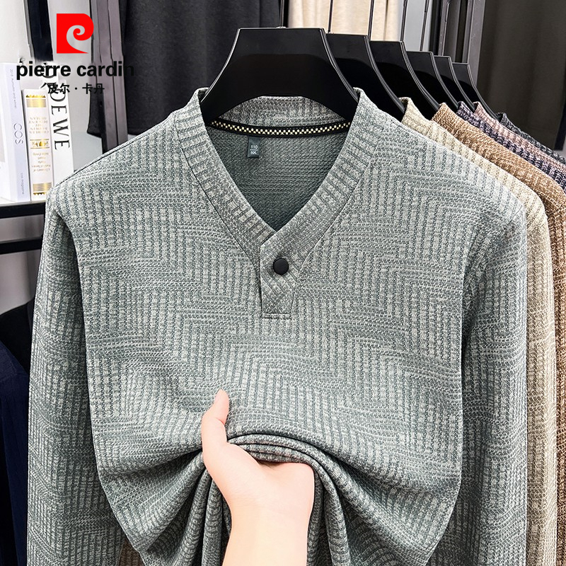 Pierre Cardin's New Autumn Long-Sleeved T-Shirt Jacquard One-Button Knitwear Casual Versatile Top Men's Knitwear