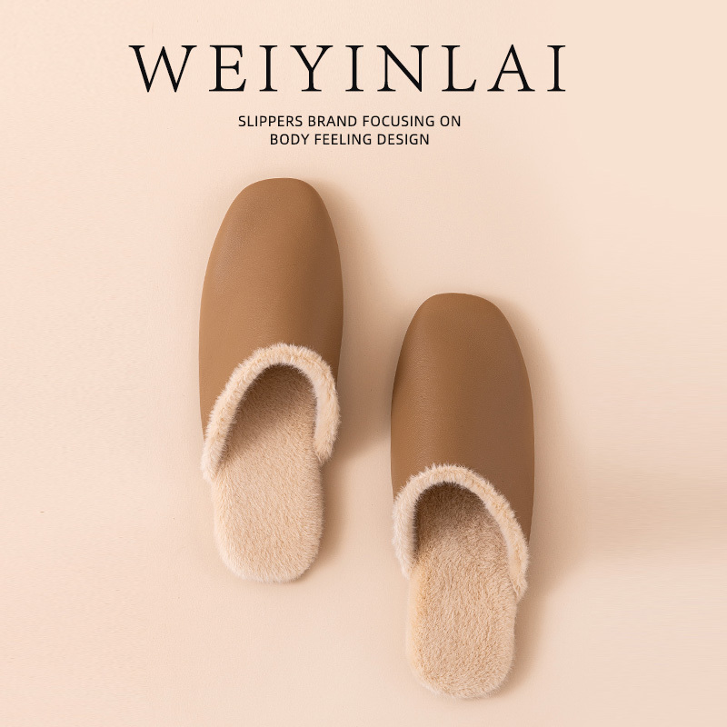 Light Luxury High-End Lambskin Plush Slippers for Men and Women, Autumn and Winter Home Couple Indoor Non-Slip Genuine Leather Floor Cotton Slippers