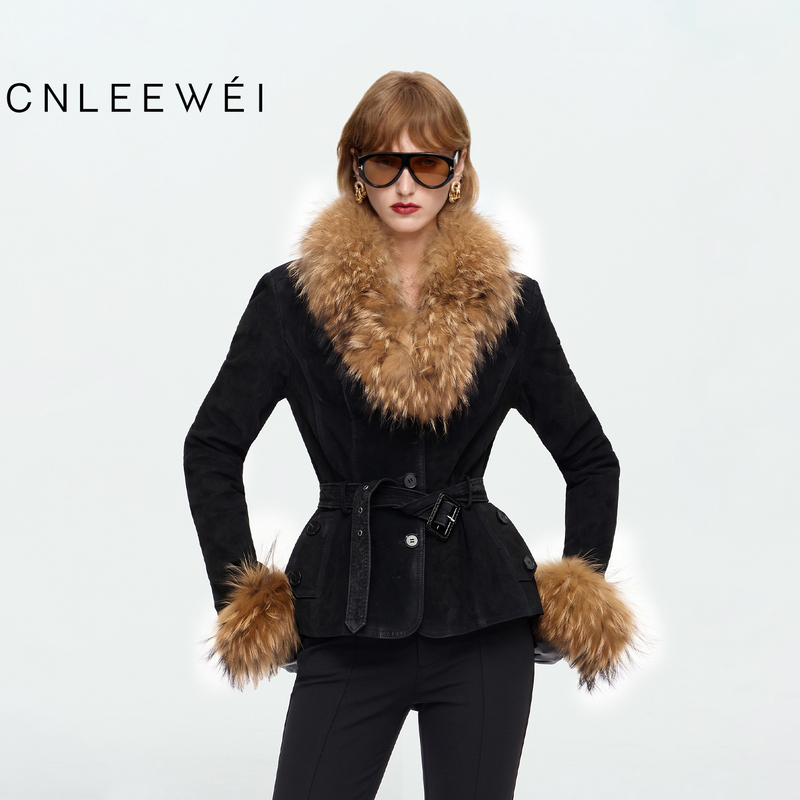 [Same Style as Yi Mengling] Cnleewei 2026 Autumn New High-End Detachable Fur Collar Suede Jacket Coat