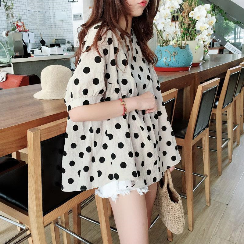 Extra Large Size 150kg Plus-Size Korean Style Loose Age-Reducing Polka Dot Short-Sleeve Babydoll Shirt for Women, Summer Student Puffy Shirt 2
