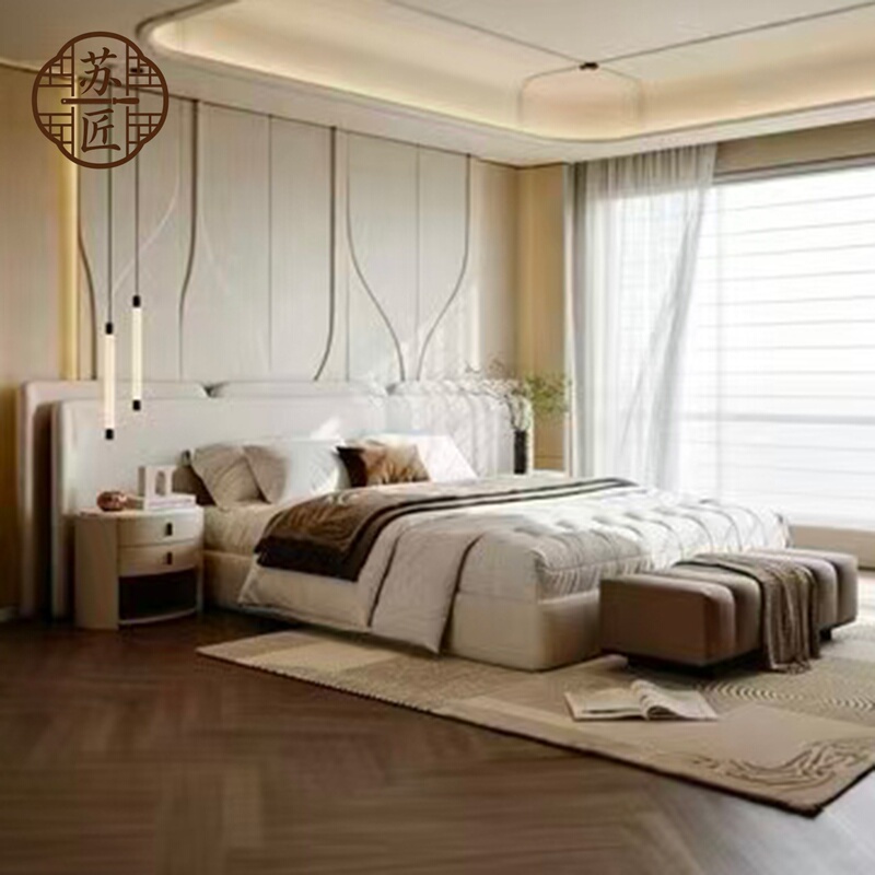 Modern Minimalist Model Room Master Bedroom Guest Bedroom Hotel Clubhouse Homestay Double Bed New Chinese Style Leather Art 2m Bed