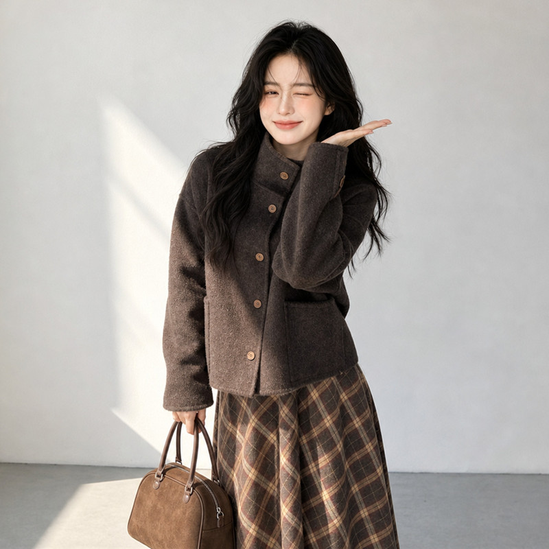 Minxi Dark Brown Retro Stand-Up Collar Double-Sided Wool Coat for Women, New Autumn and Winter Fashion, Super Popular and Stunning Woolen Coat Minxi Dark Brown Retro Stand-Up Collar Double-Sided Wool Coat for Women, New Autumn and Winter Fashion, Super Popular and Stunning Woolen Coat