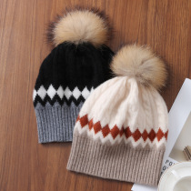 Pure wool thickened knitted beanie autumn and winter womens color-blocked diamond twisted wool ball warm fashion casual hat