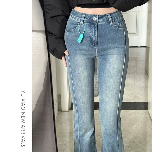 Ретро осенние джинсы, штаны, леггинсы, мегафон, высокая талия, для формы тела «груша», большой размер, по фигуре