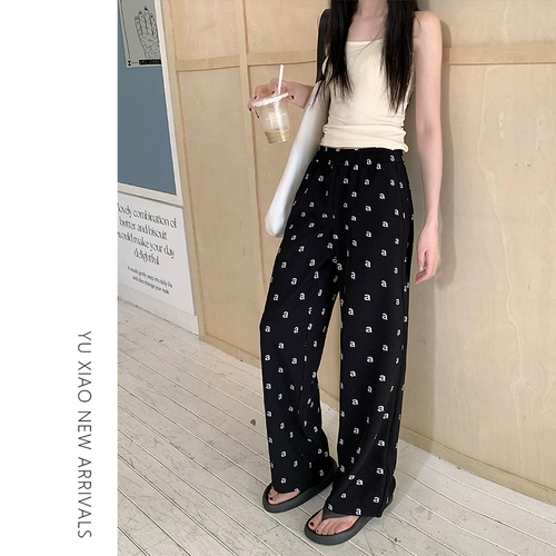 Черный костюм, летние штаны для отдыха, свободный прямой крой, высокая талия, большой размер