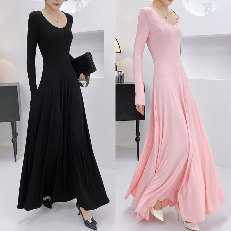 Pink Modal Dress, Light Luxury and High-End Feel, Early Spring Long-Sleeved, Floor-Length to Ankle, Extra-Long Maxi Dress for Winter