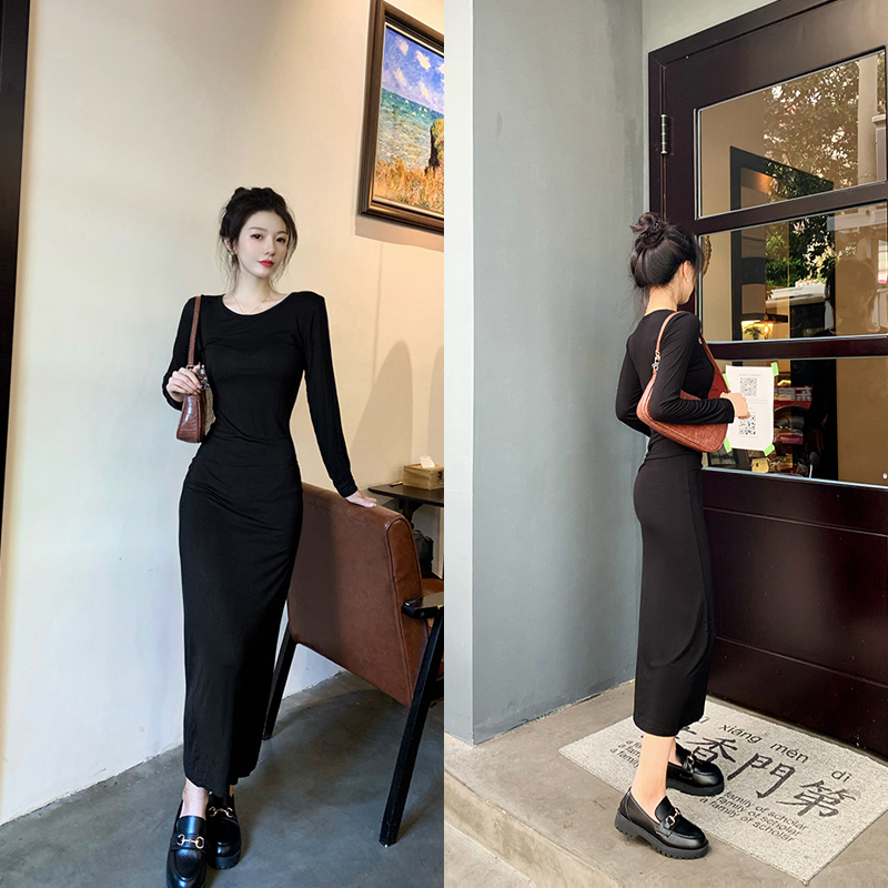 Modal Dress for Women, Bodycon, Extra Long, Tight-Fitting, Long-Sleeved, Slim-Fitting, Ankle-Length, Spring and Autumn Long Dress, Black