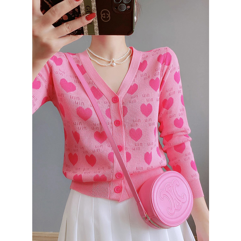 Korean Style Fashionable Heart-Pattern Color-Block Jacquard V-Neck Sweater for Women, New Style, Chic and Youthful, Long-Sleeved Knitted Cardigan