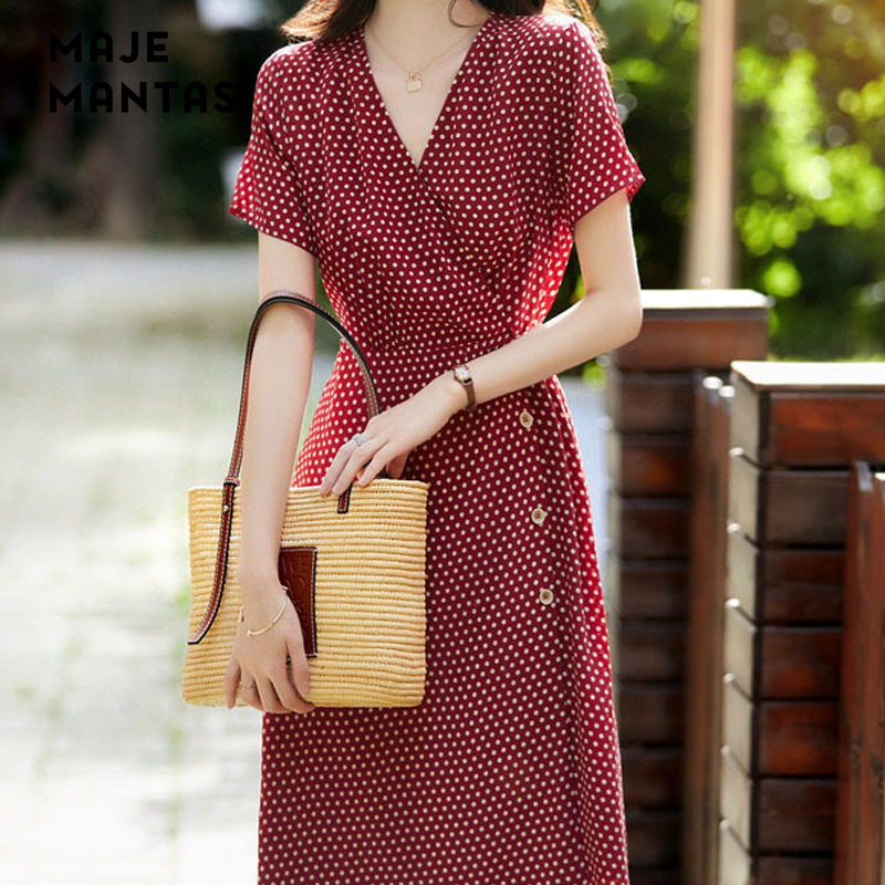 Maje mantas new retro polka dot southern French style white and thin polka dot red tea break dress