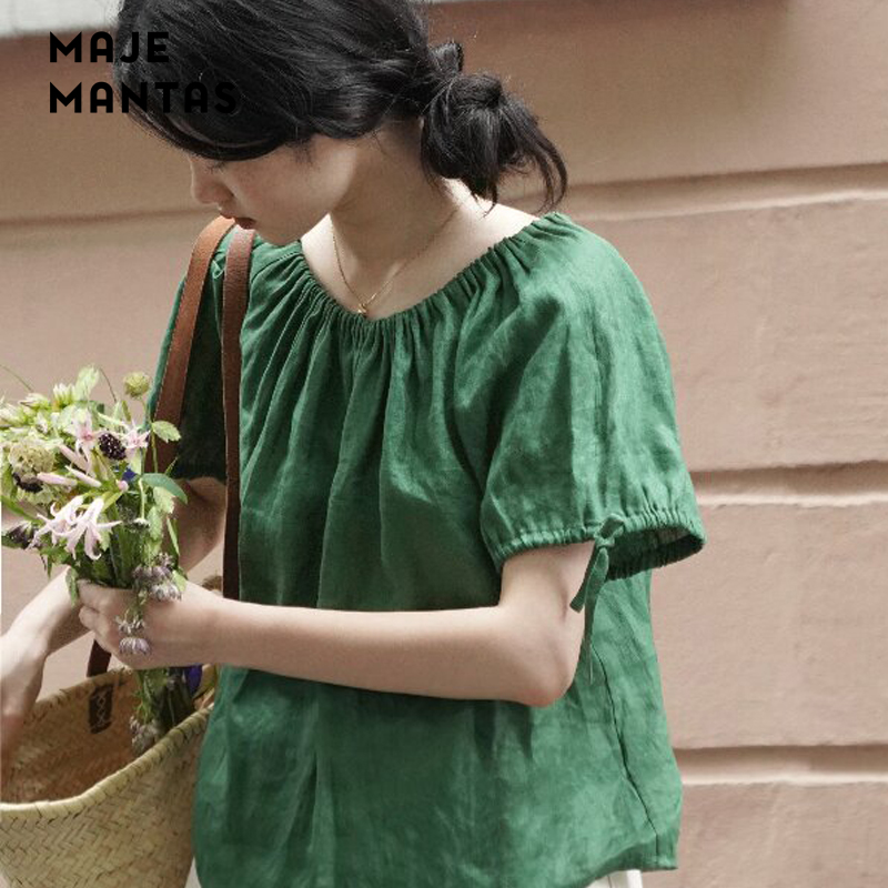 MAJE MANTAS French Retro Adjustable Linen Loose Women's Short Sleeve Shirt Simple Pleated Chic Top