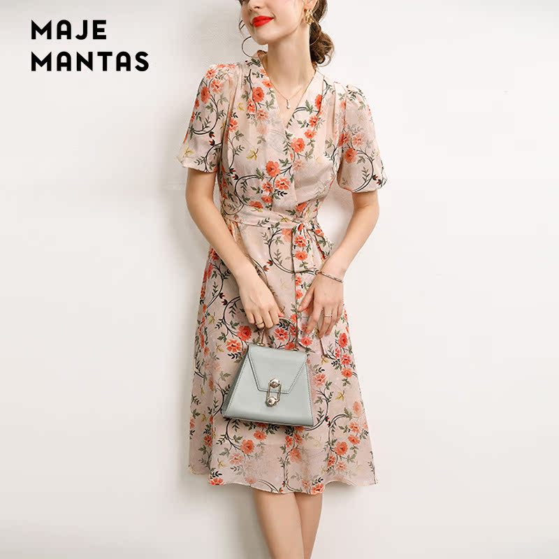 MAJE MANTAS French dress silk V-neck tie waist fairy print mulberry silk A-line skirt