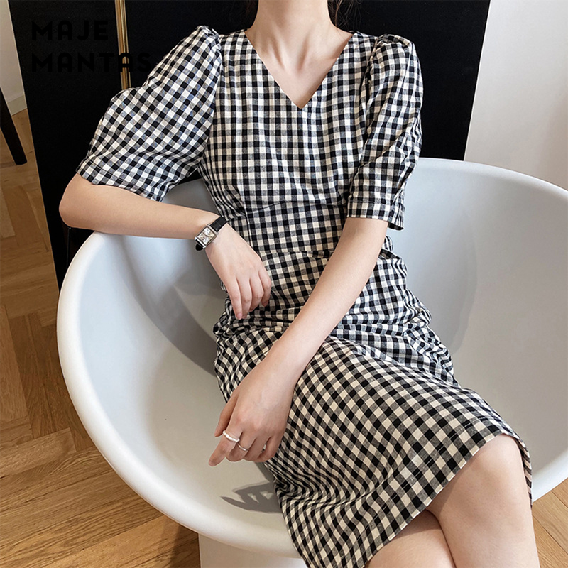 Maje mantas French retro cotton linen black and white plaid dress female chic waist light mature temperament skirt