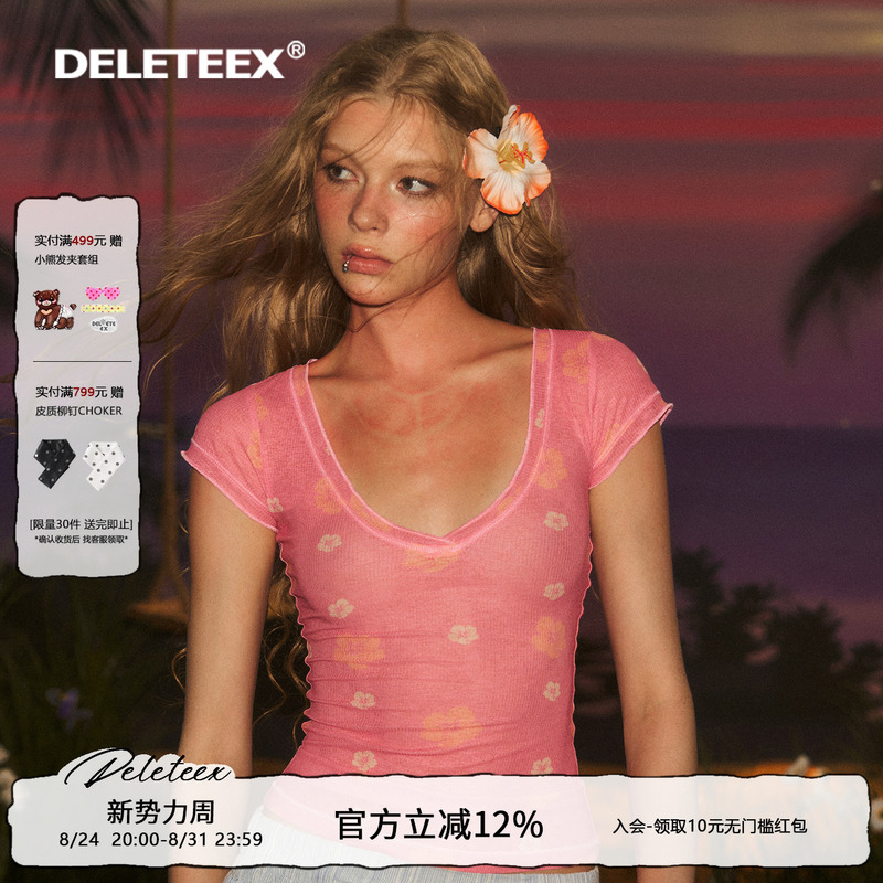 Deleteex Original Sunburn Series Floral Print Snowflake Knit Stretch Short Sleeve Deep V-Neck Slim Fit Basic T-Shirt Deleteex Original Sunburn Series Floral Print Snowflake Knit Stretch Short Sleeve Deep V-Neck Slim Fit Basic T-Shirt