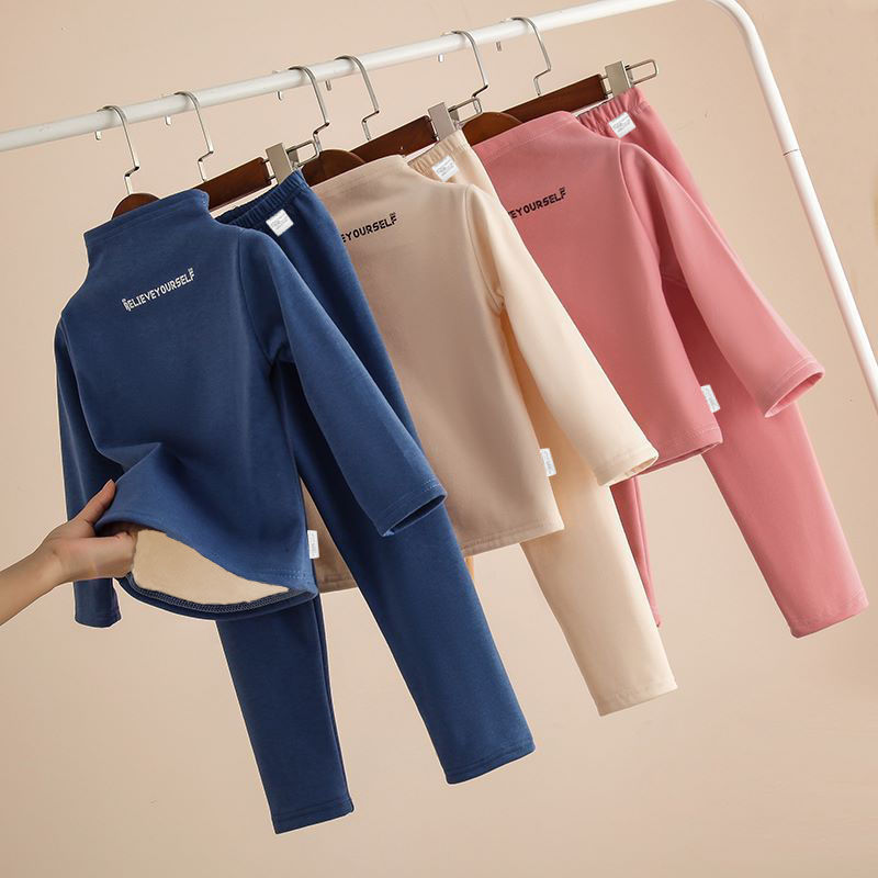Children's fleece thickened high-necked bottoming shirt suit winter boys and girls warm long johns underwear suit baby middle and big children