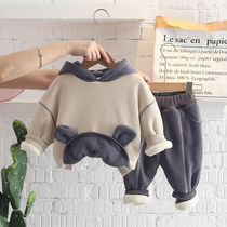Baby winter clothes plus velvet thick sweater suit 0-5 years old boy thickening two-piece baby clothes foreign style Korean version