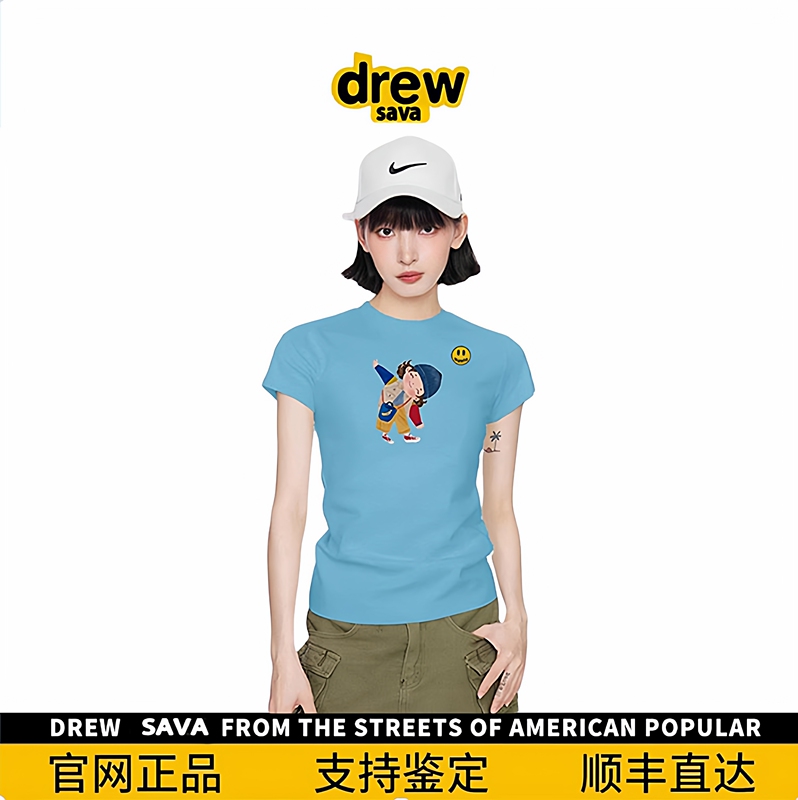 Drew Sava New Smiley Face Women's Blue Printed Short-Sleeve T-Shirt Summer Slim Fit Top