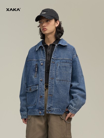 XAKA美式复古水洗做旧牛仔夹克男2025新款高级感多口袋情侣外套潮