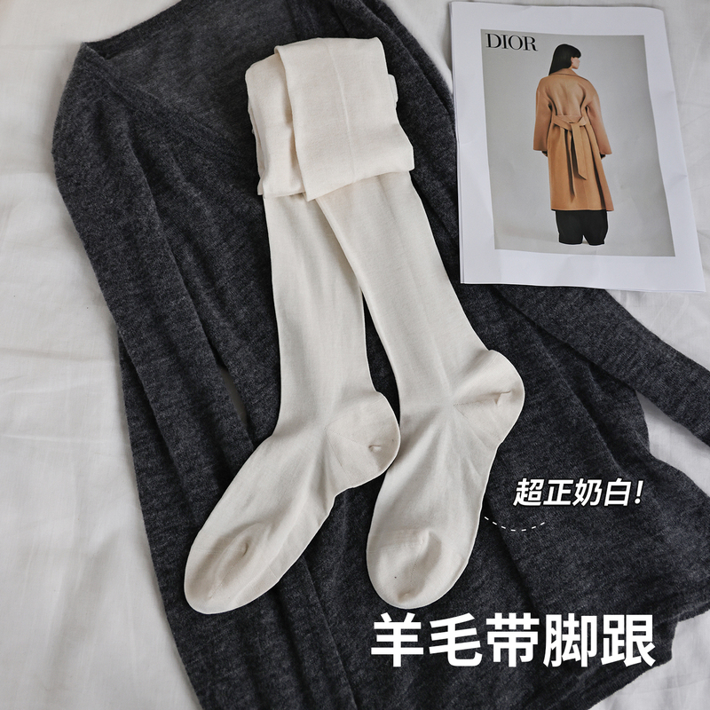 Wool Semi-Transparent White Pantyhose with Heel for Women, Spring and Autumn Thin Style, Non-Binding, Warm, Slimming Leggings