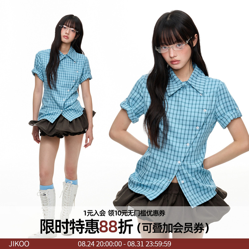 Jikoo Original Blue Short-Sleeved Plaid Design Shirt for Women, Summer Korean Style Slimming Breathable Top ins Shirt Jikoo Original Blue Short-Sleeved Plaid Design Shirt for Women, Summer Korean Style Slimming Breathable Top ins Shirt