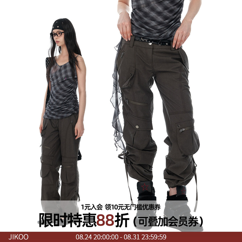 Jikoo【Lemon Rondo】Korean Style Cargo Pants for Women, Summer Multi-Pocket Casual Pants with a Unique Design, Straight-Leg Pants