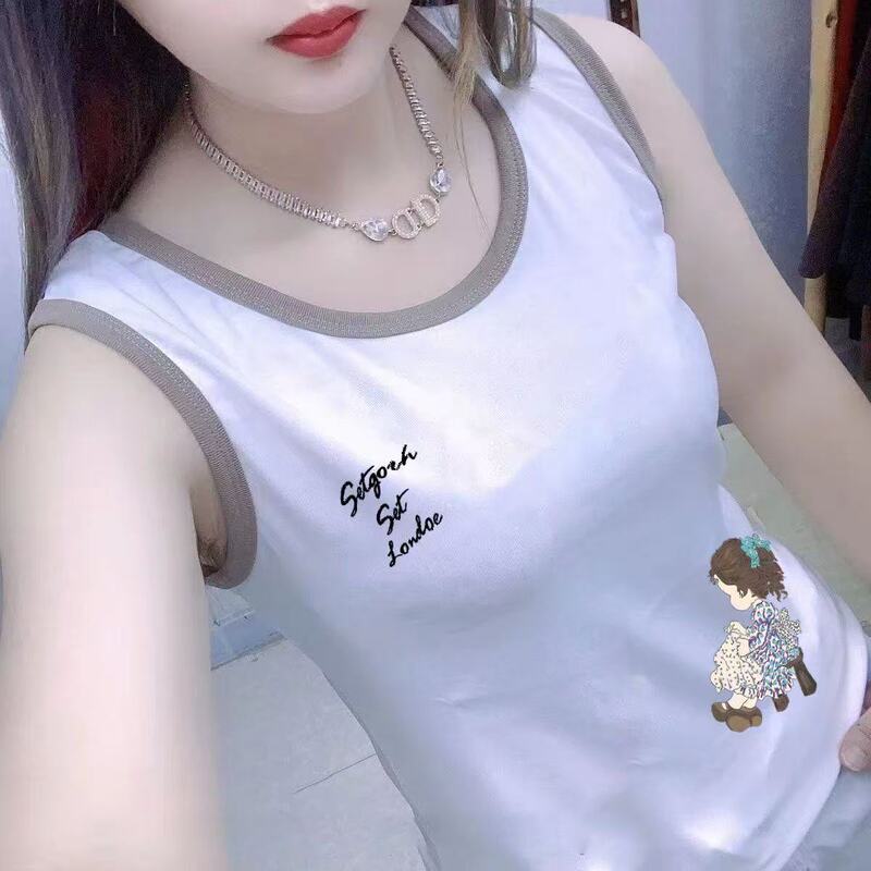 100% Pure Cotton Buy One Get One Free Spring and Summer New Korean Style Vest Round Neck Fashion Printed Slim Sleeveless Style Top