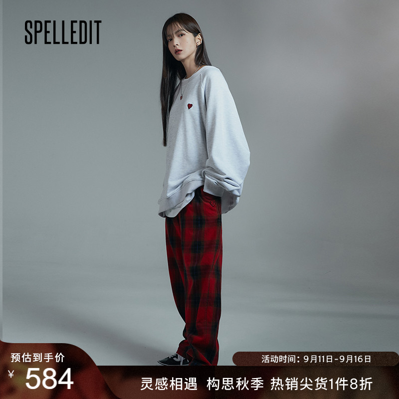 SPELLEDIT spring and summer love cloth stickers round neck thick cotton T women's loose pullover long sleeve oversize cotton