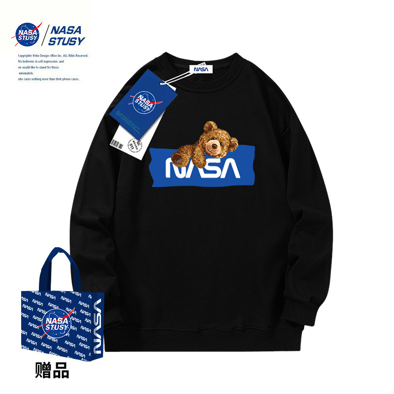 NASA trendy brand bear autumn and winter long-sleeved T-shirt plus velvet black sweater couple loose trendy ins top clothes men's clothing - Taobao